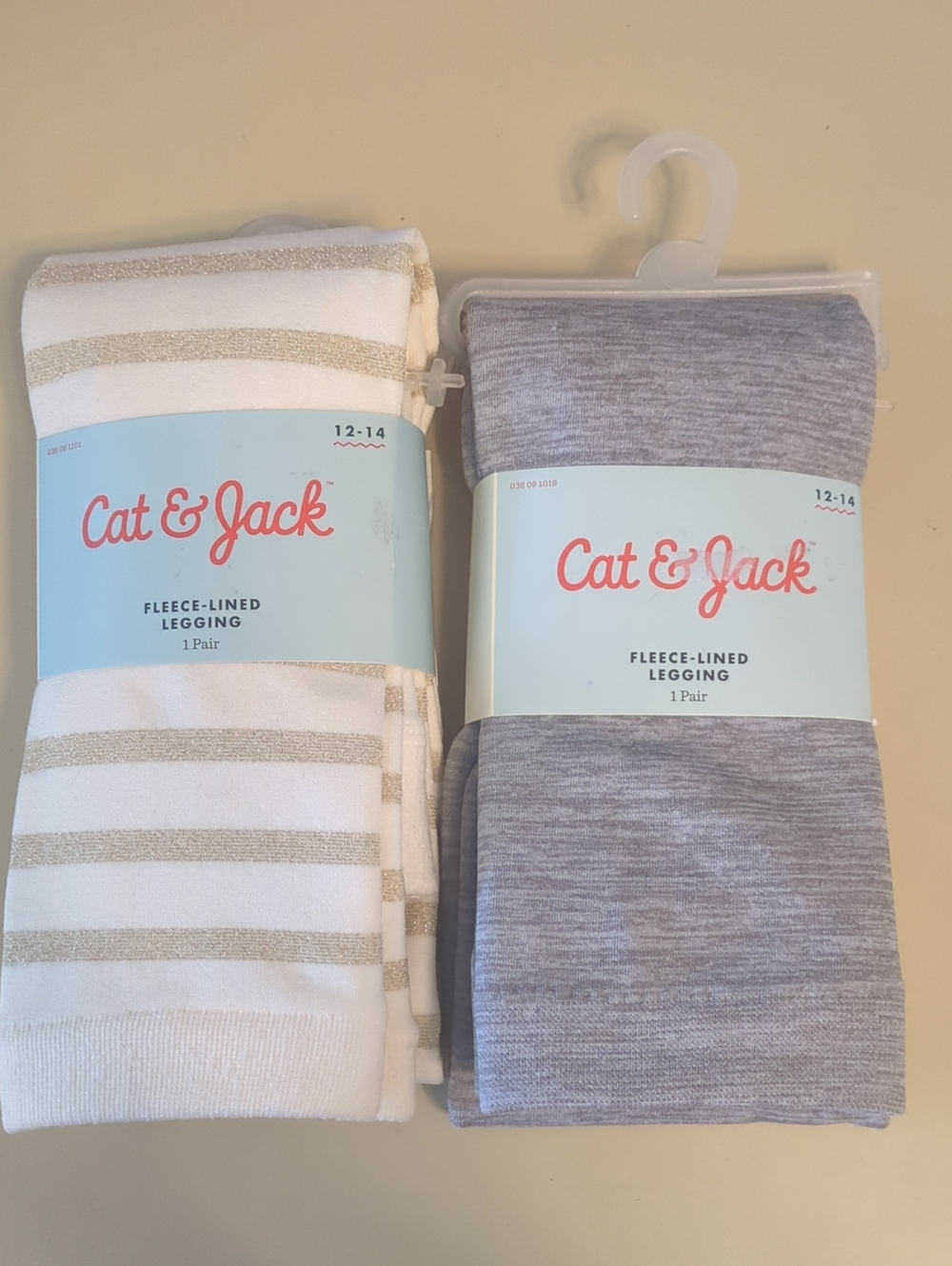 2 Girls 12-14 Cat & Jack Fleece-Lined Footless Leggings Grey, White Gold Stripes
